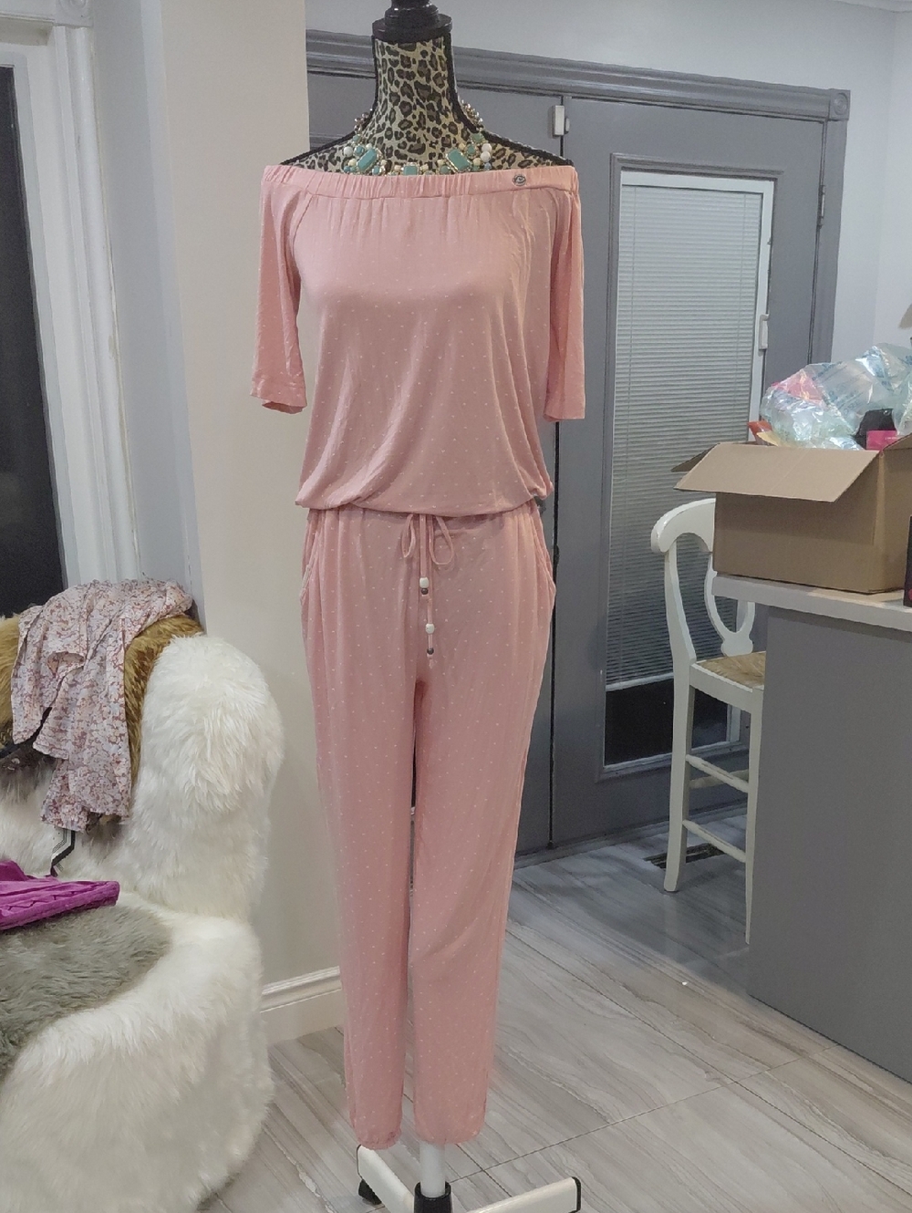Off-Shoulder Pink Women’s Pajama Jumpsuit